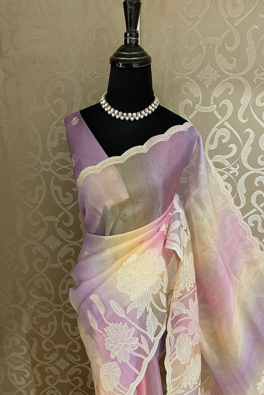 Multi Organza Silk Hand Embroidery Work Saree, With Unstiched Blouse