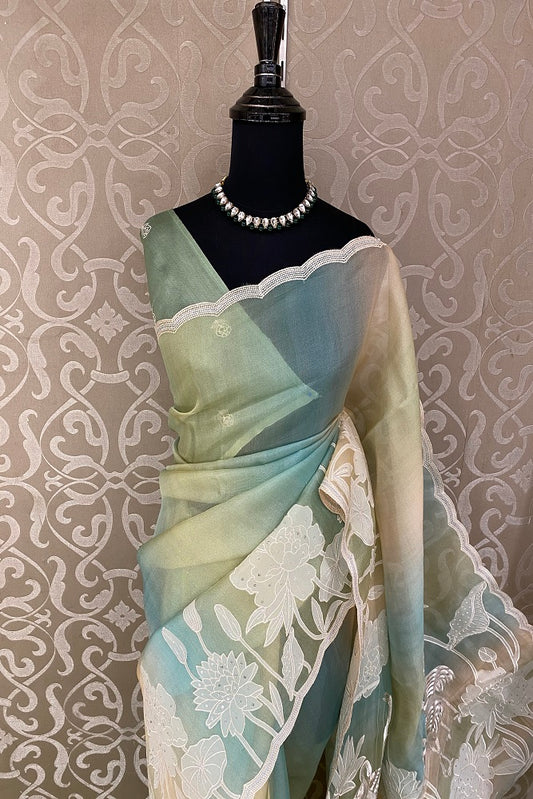 Multi Organza Silk Hand Embroidery Work Saree, With Unstiched Blouse