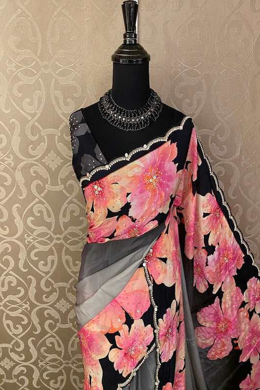 Black Shaded Crepe Silk Printed And Embroidery Work Saree With Blouse Piece