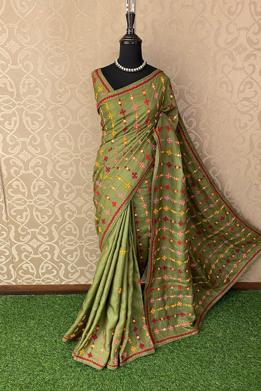 Pickle Green Tussar Lambani Embroidery Saree, With Unstitched Blouse