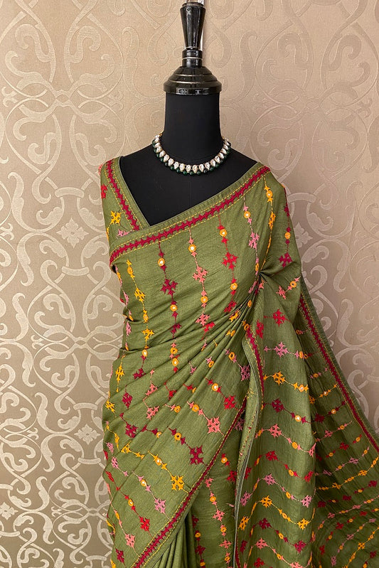Pickle Green Tussar Lambani Embroidery Saree, With Unstitched Blouse