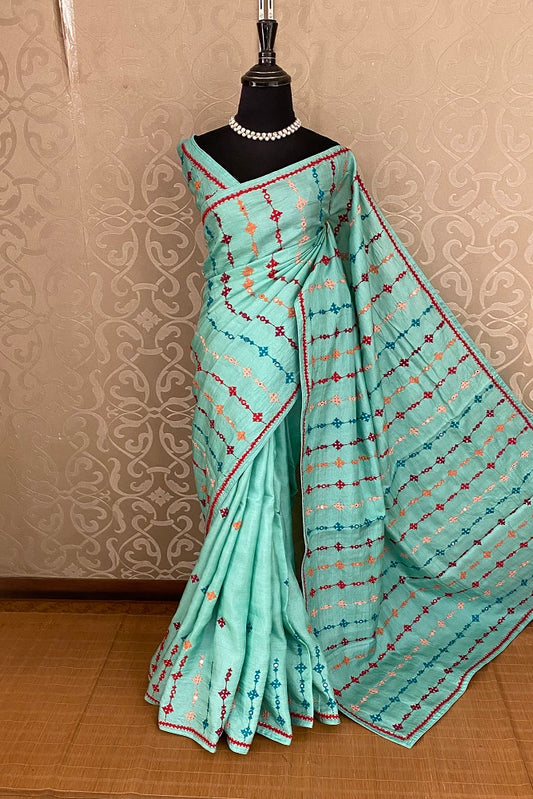 Pastel Blue Tussar Lambani Embroidery Saree, With Unstitched Blouse