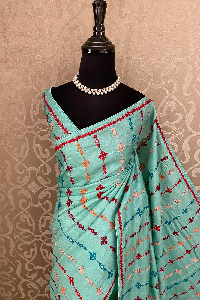 Pastel Blue Tussar Lambani Embroidery Saree, With Unstitched Blouse