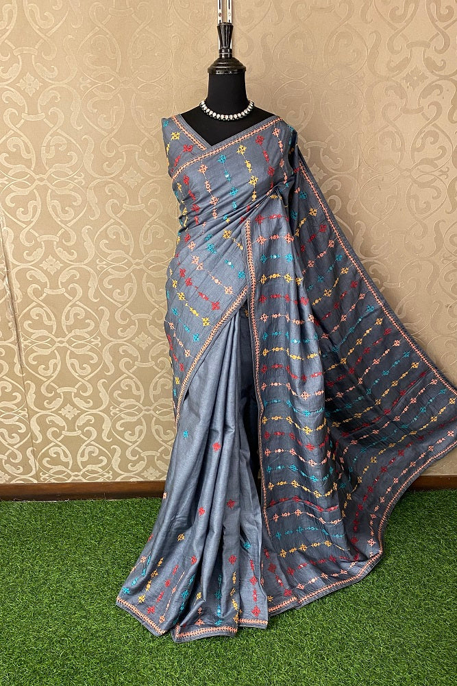 Grey Tussar Lambani Embroidery Saree, With Unstitched Blouse