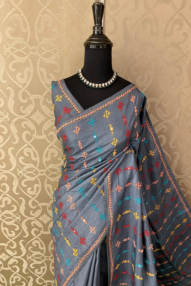 Grey Tussar Lambani Embroidery Saree, With Unstitched Blouse