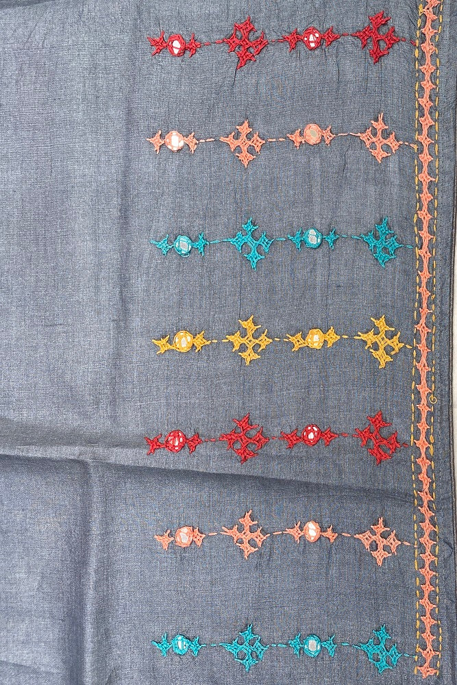 Grey Tussar Lambani Embroidery Saree, With Unstitched Blouse