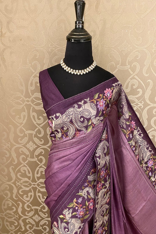 Onion Purple Tussar Embroidery Saree With Applique Work Border, With Unstitched Blouse