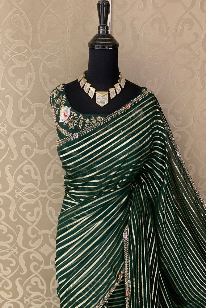 BOTTLE GREEN ORGANZA SILK SAREE HAND EMBROIDERY WITH READYMADE BLOUSE