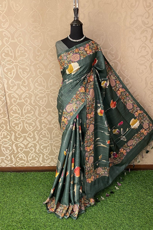 Rama Green Tussar Printed Cross Stich Saree, With Unstiched Blouse