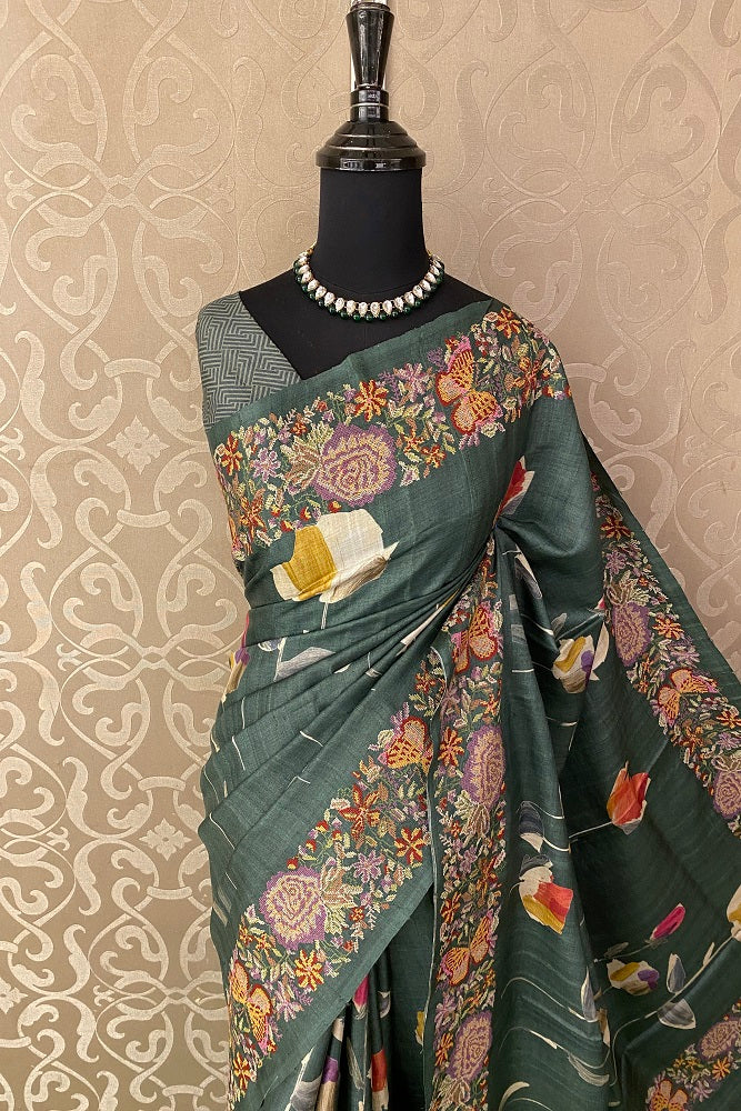 Rama Green Tussar Printed Cross Stich Saree, With Unstiched Blouse