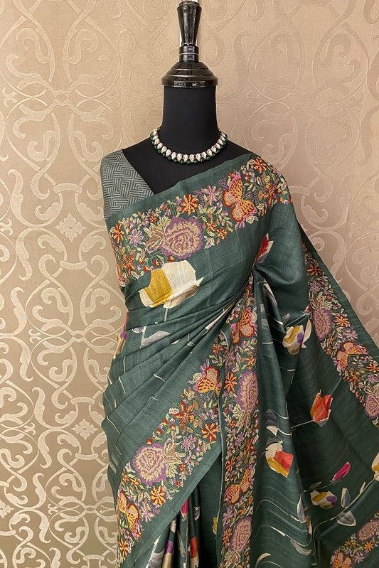 Rama Green Tussar Printed Cross Stich Saree, With Unstiched Blouse