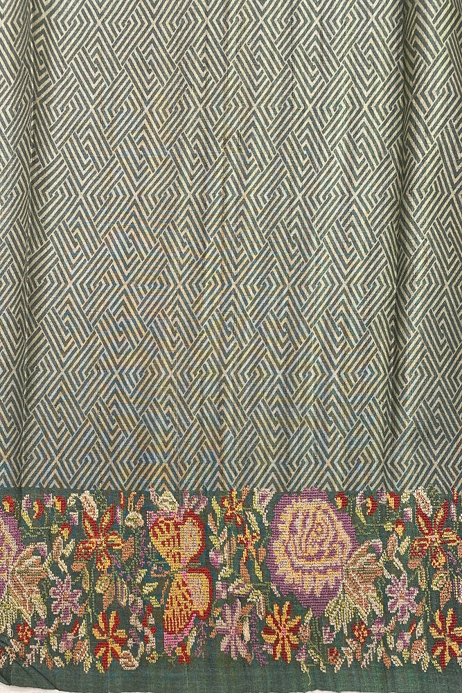 Rama Green Tussar Printed Cross Stich Saree, With Unstiched Blouse