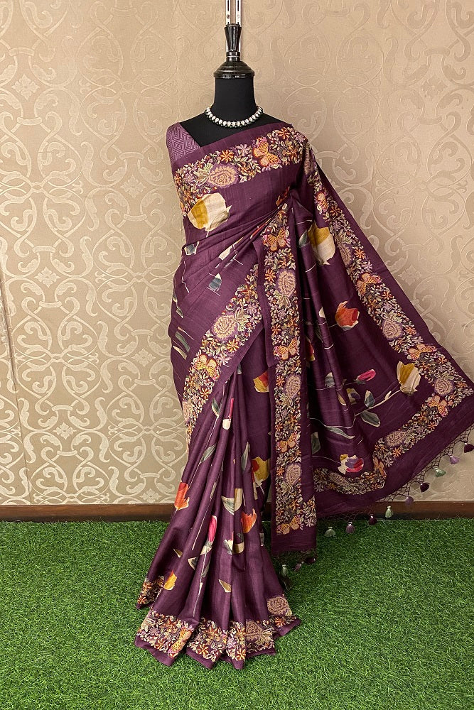 Dark Purple Tussar Printed Cross Stich Saree, With Unstiched Blouse