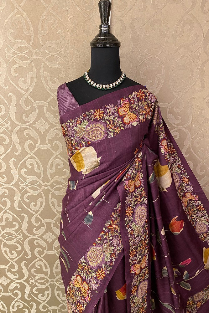 Dark Purple Tussar Printed Cross Stich Saree, With Unstiched Blouse