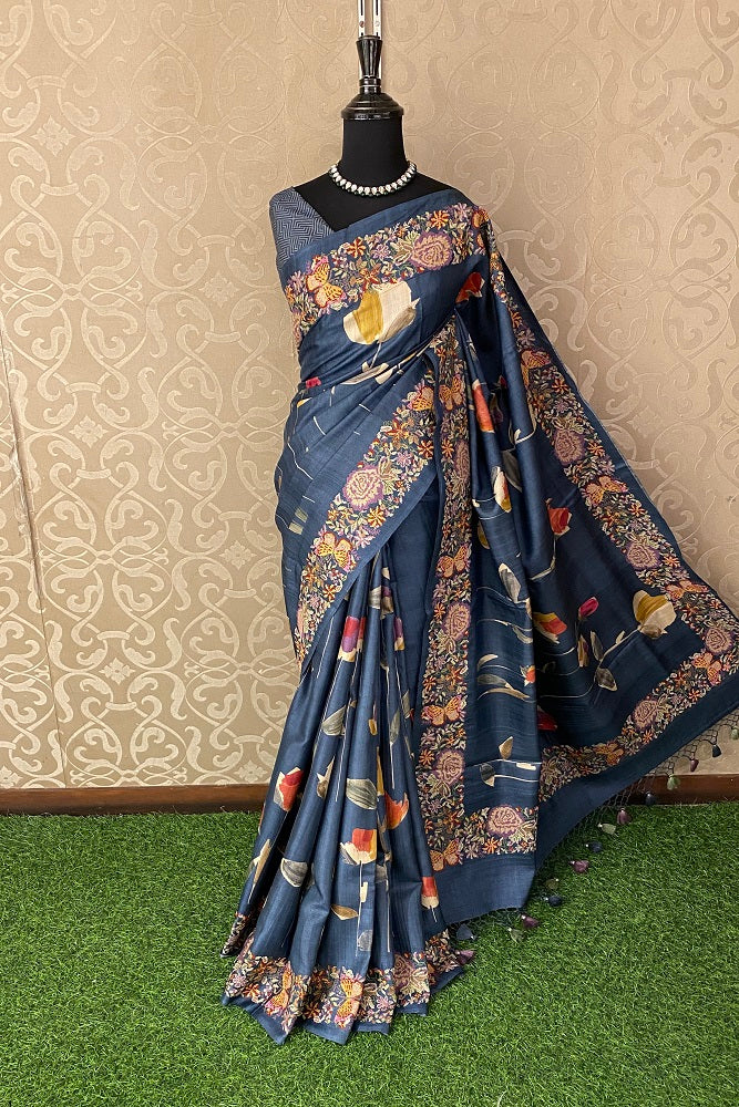 Blue Tussar Printed Cross Stich Saree, With Unstiched Blouse