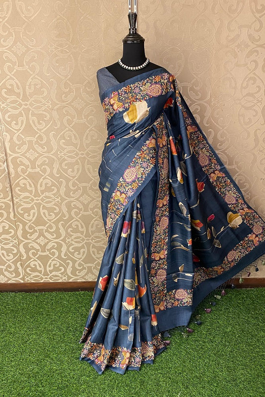 Blue Tussar Printed Cross Stich Saree, With Unstiched Blouse