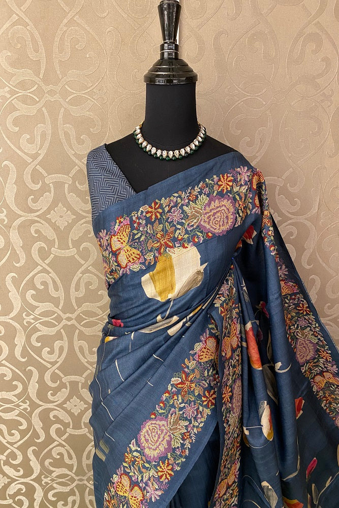 Blue Tussar Printed Cross Stich Saree, With Unstiched Blouse