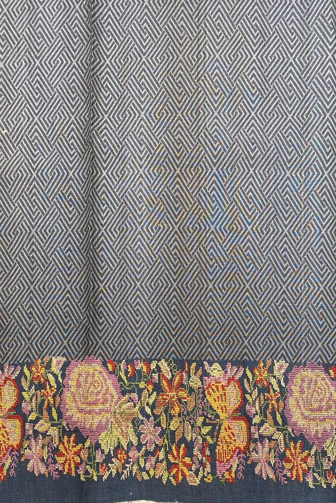 Blue Tussar Printed Cross Stich Saree, With Unstiched Blouse