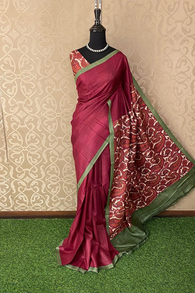 Wine Tussar Silk Printed Saree, With Unstiched Blouse