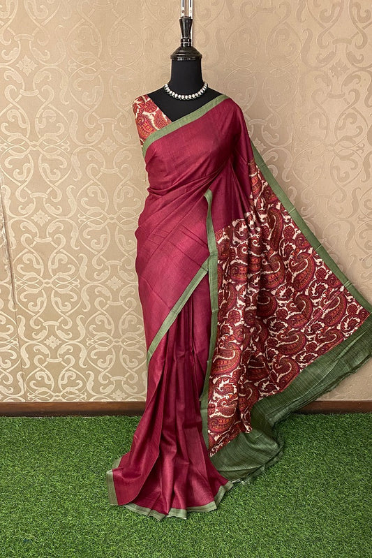 Wine Tussar Silk Printed Saree, With Unstiched Blouse