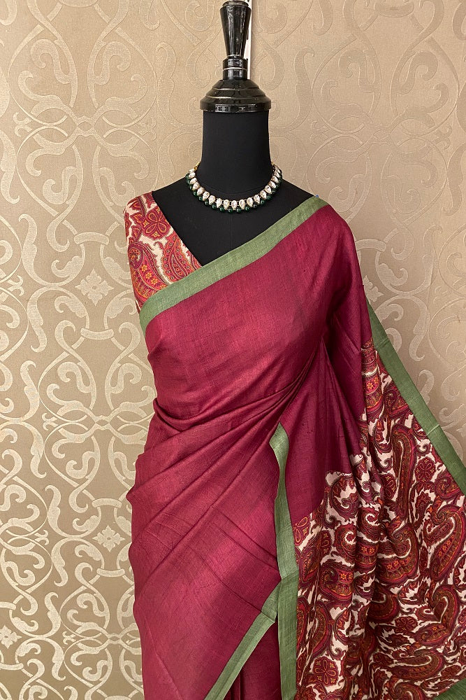 Wine Tussar Silk Printed Saree, With Unstiched Blouse