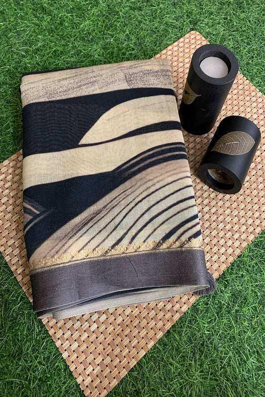 OFFWHITE BLACK MULMUL CHANDRI PRINTED SAREE WITH BLOUSE PIECE