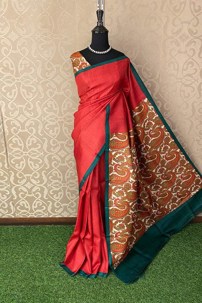 Red Tussar Silk Printed Saree, With Unstiched Blouse