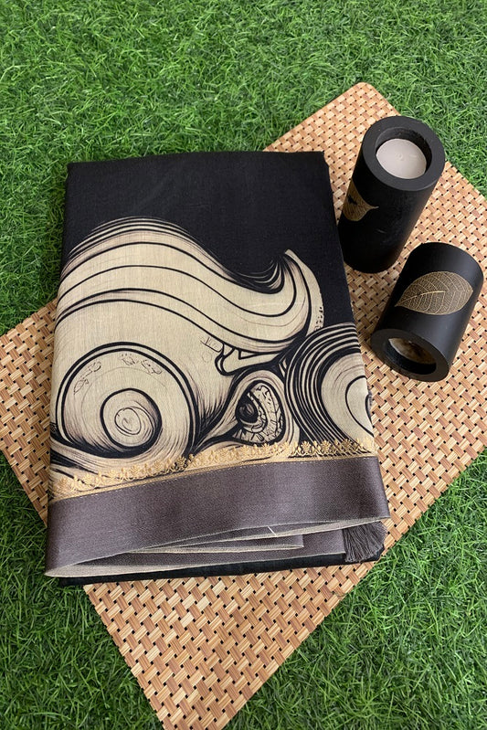 OFFWHITE BLACK MULMUL CHANDRI PRINTED SAREE WITH BLOUSE PIECE