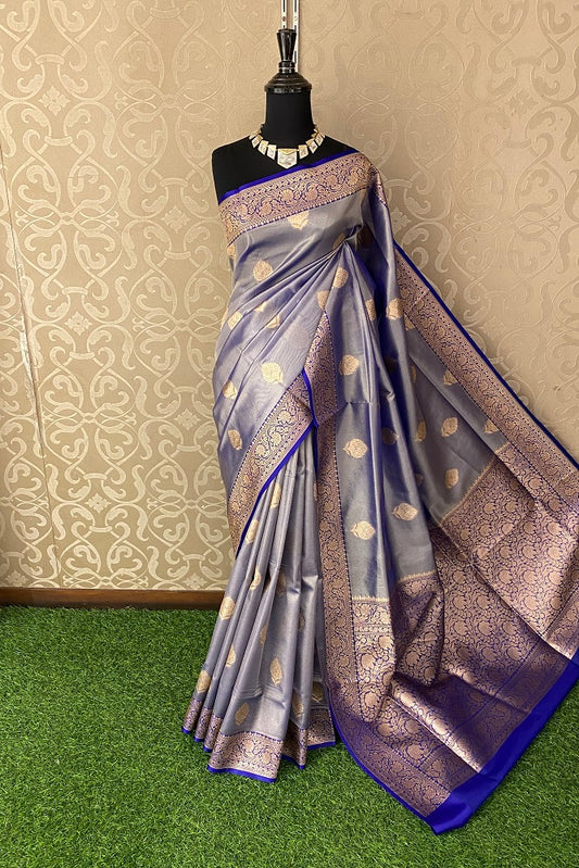 Blue Tissue Banarasi  Silk Saree With Blouse Piece