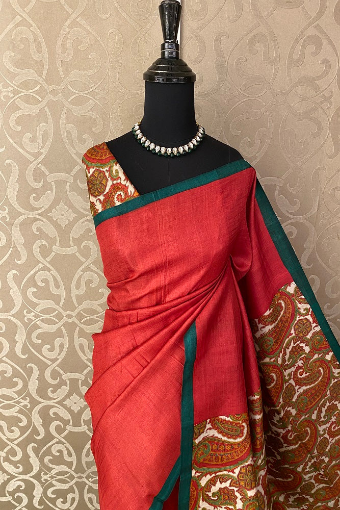 Red Tussar Silk Printed Saree, With Unstiched Blouse