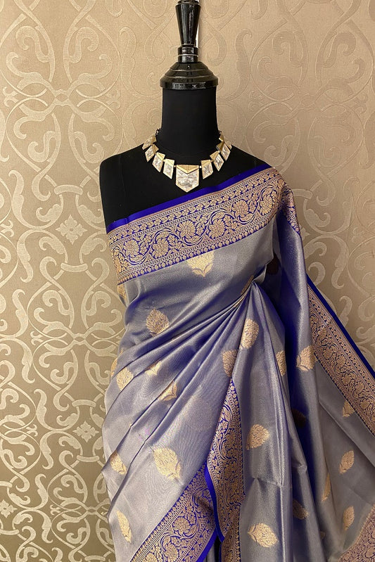 Blue Tissue Banarasi  Silk Saree With Blouse Piece