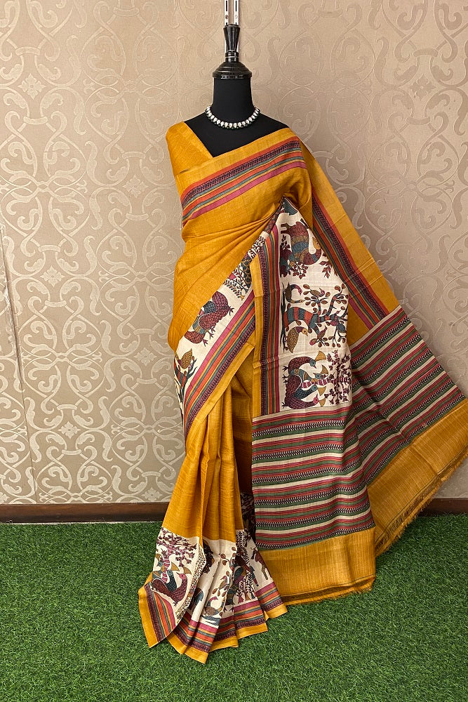 Mustard Yellow Tussar Silk Printed Saree, With Unstiched Blouse