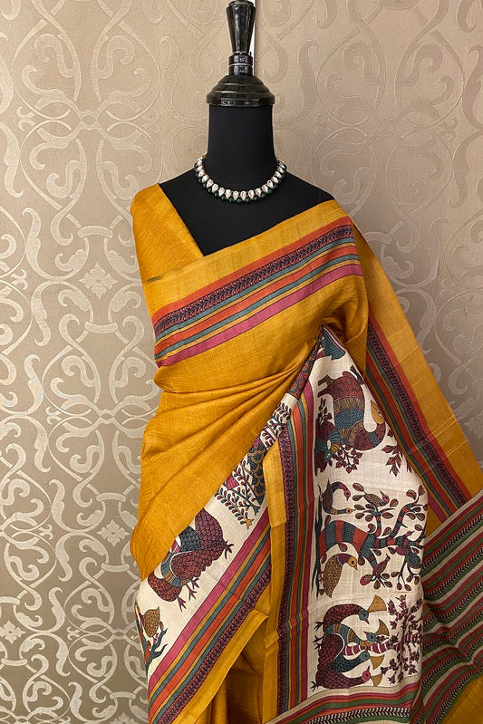 Mustard Yellow Tussar Silk Printed Saree, With Unstiched Blouse
