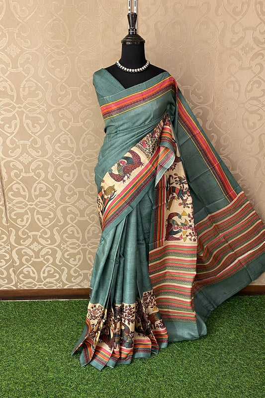Sea Green Tussar Silk Printed Saree, With Unstiched Blouse