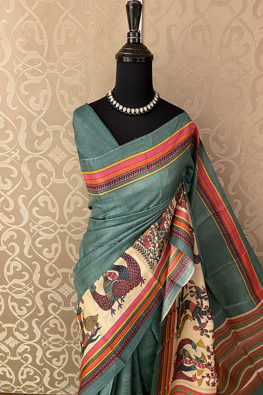 Sea Green Tussar Silk Printed Saree, With Unstiched Blouse