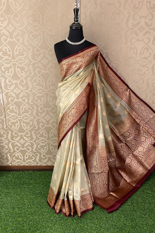 Beige Gold Tissue Banarasi  Silk Saree With Blouse Piece