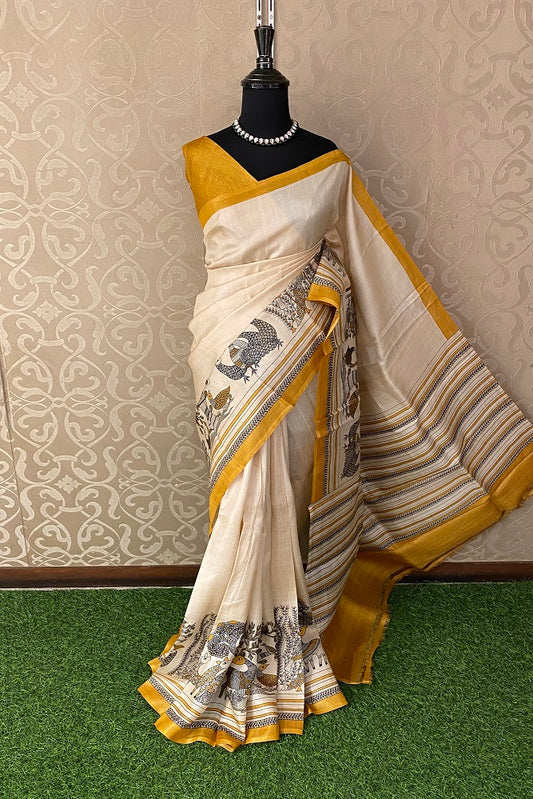 Light Beige Tussar Silk Printed Saree, With Unstiched Blouse