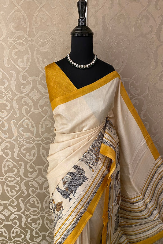 Light Beige Tussar Silk Printed Saree, With Unstiched Blouse