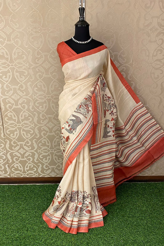 Light Beige Tussar Silk Printed Saree, With Unstiched Blouse