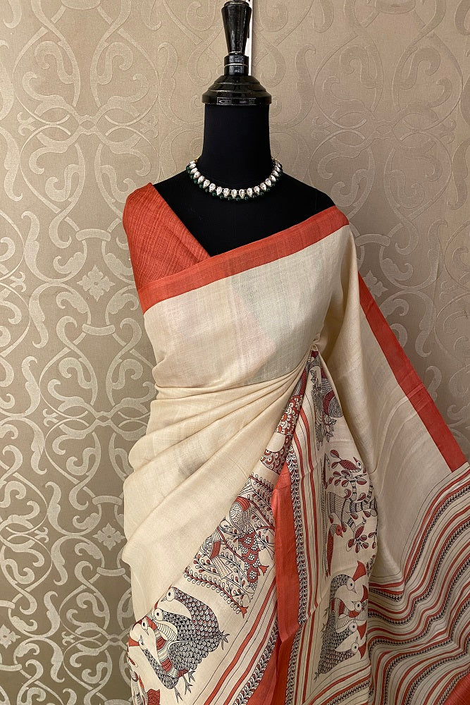 Light Beige Tussar Silk Printed Saree, With Unstiched Blouse