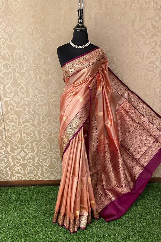 Peach Tissue Banarasi  Silk Saree With Blouse Piece