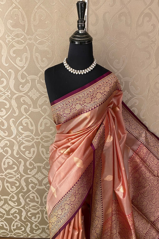 Peach Tissue Banarasi  Silk Saree With Blouse Piece
