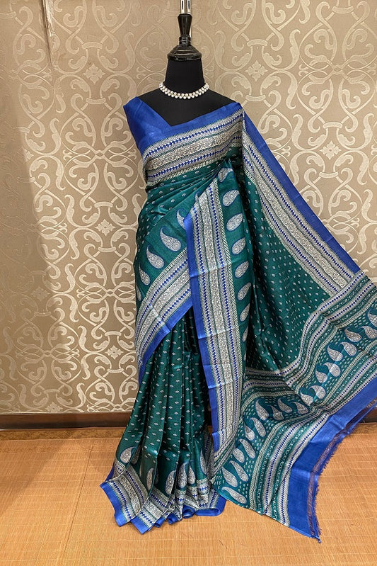 Forest Green Tussar Silk Printed Saree, With Unstiched Blouse