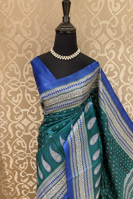 Forest Green Tussar Silk Printed Saree, With Unstiched Blouse