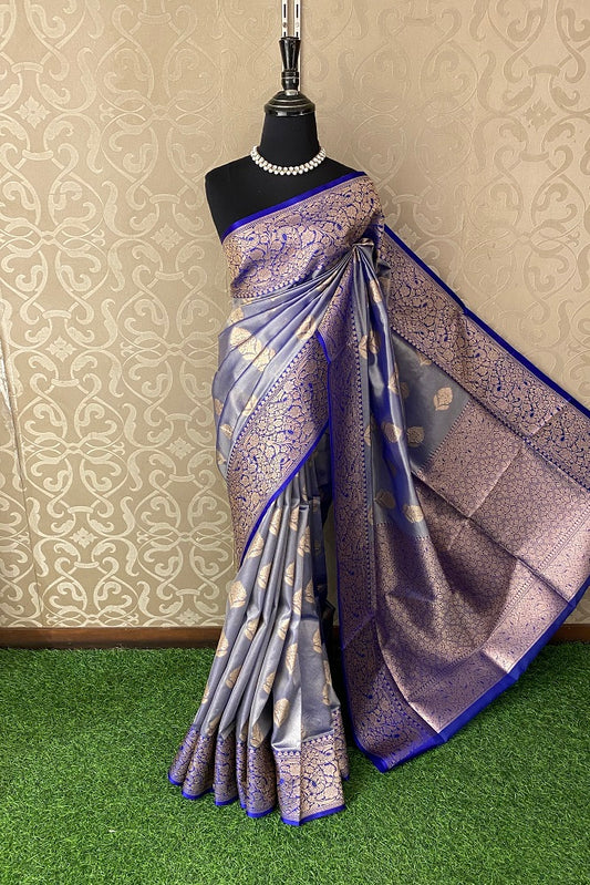 Blue Tissue Banarasi  Silk Saree With Blouse Piece