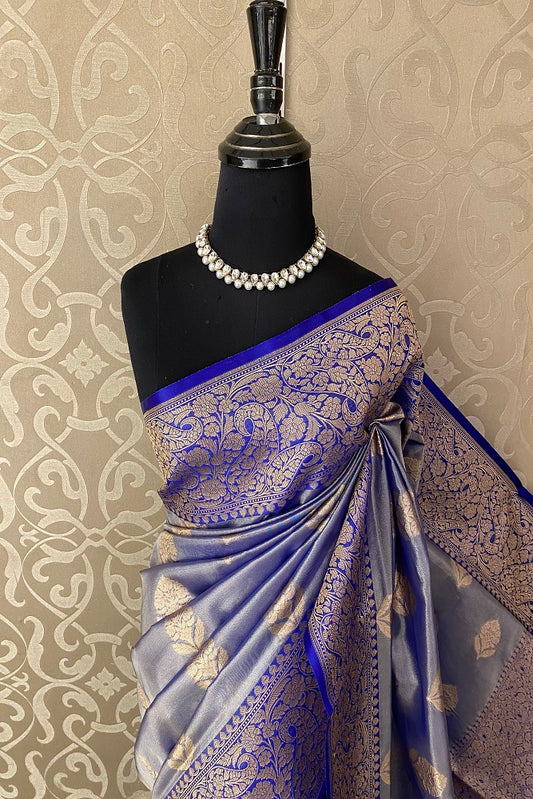 Blue Tissue Banarasi  Silk Saree With Blouse Piece