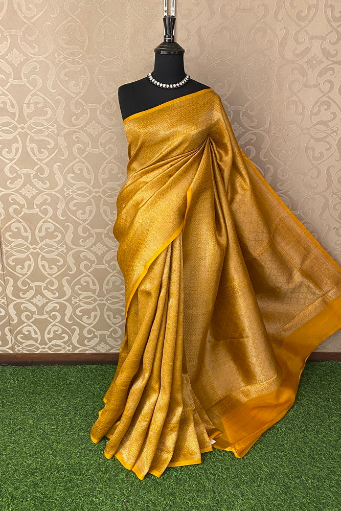 Mustard Yellow Brocade Kora Banarasi Silk Saree, With Unstiched Blouse