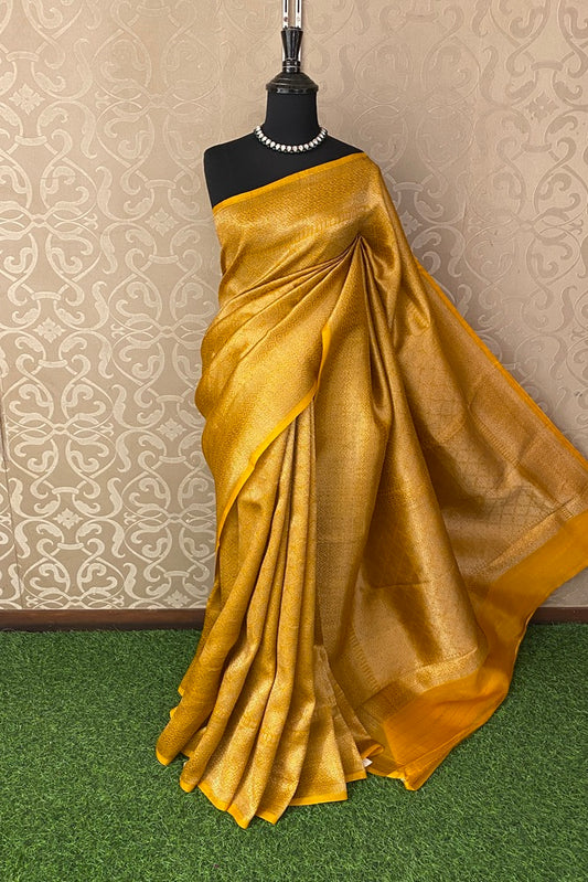 Mustard Yellow Brocade Kora Banarasi Silk Saree, With Unstiched Blouse