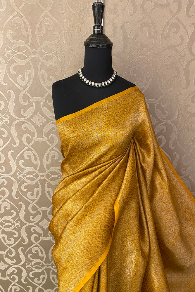 Mustard Yellow Brocade Kora Banarasi Silk Saree, With Unstiched Blouse