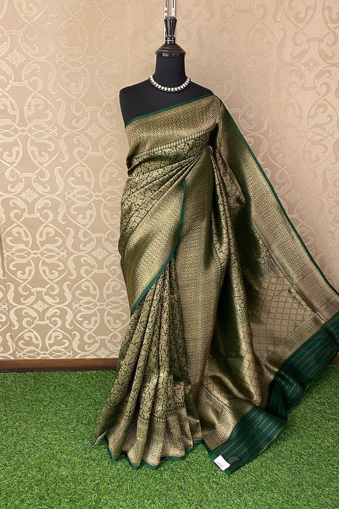 Forest Green Brocade Kora Banarasi Silk Saree, With Unstiched Blouse